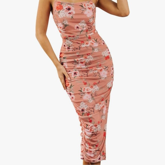 🌺SALE FLORAL MESH BODYCON MIDI DRESS - Picture 4 of 9